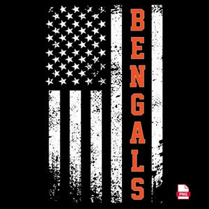 May include: A graphic design on a black background featuring a distressed white American flag with stars and stripes. The word BENGALS is written vertically in bold orange capital letters, integrated into the right side of the flag design.