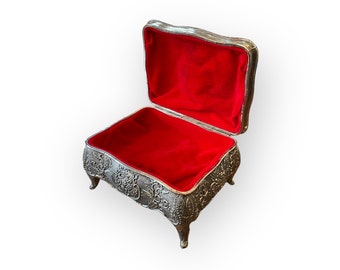 Elegant Vintage Silver-Finish Jewelry Box with Red Velvet Lining