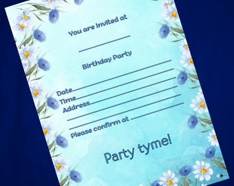 Invito alla festa di compleanno blu digitale con fiori