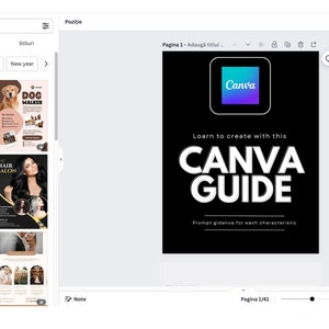 May include: A digital design interface displays a Canva Guide. The guide's cover is black with white text that reads "CANVA GUIDE" and "Learn to create with this." The Canva logo is in the upper right corner. The interface also shows various design templates.