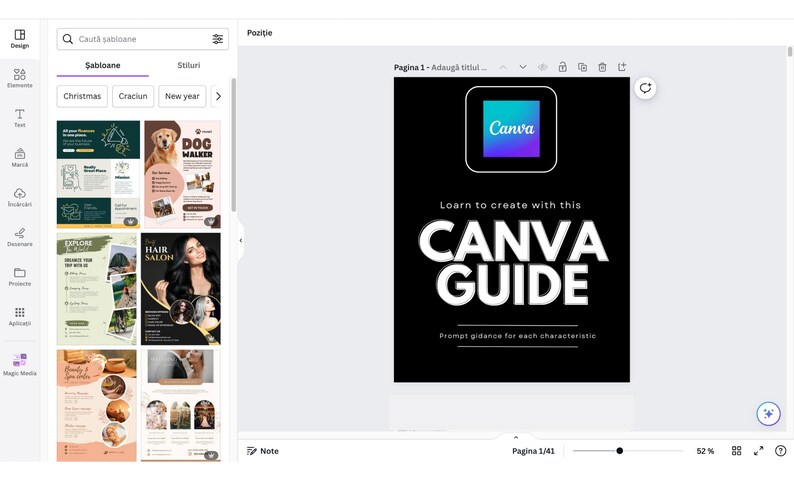 May include: A digital design interface displays a Canva Guide. The guide's cover is black with white text that reads "CANVA GUIDE" and "Learn to create with this." The Canva logo is in the upper right corner. The interface also shows various design templates.