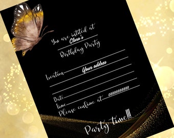 Invito alla festa di compleanno con farfalla digitale, stampabile, nera e dorata