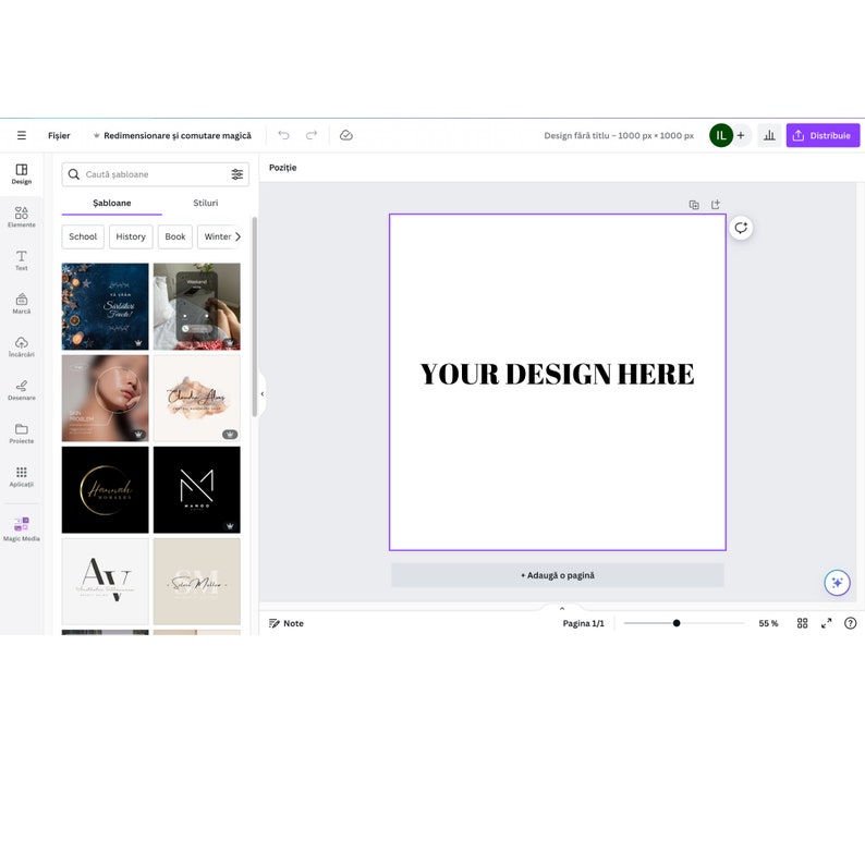 May include: A screenshot of a design interface with the text "YOUR DESIGN HERE" in the center. The interface includes a search bar, design templates, and various design elements. The text "Redimensionare și comutare magică" is visible at the top.
