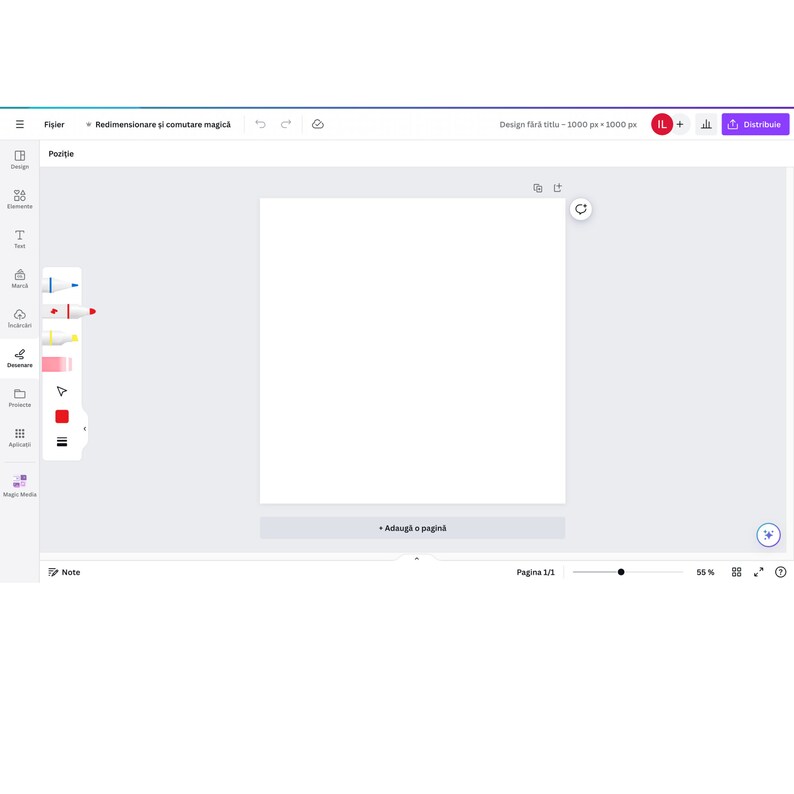 May include: A screenshot of a design interface with a white canvas in the center. The interface includes a menu on the left with design tools and a top menu with options like "File" and "Resize". The text "Design fără titlu - 1000 x 1000 px" is visible.