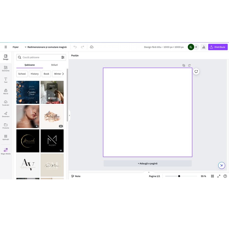 May include: Screenshot of a design interface with a white canvas outlined in purple. The left side features a vertical menu with icons for design elements. Above the canvas are menu options and a search bar. The interface includes text in Romanian.