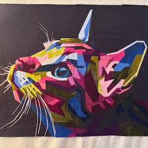 Könnte beinhalten: Ein farbenfrohes, geometrisches Katzenporträt vor dunklem Hintergrund. Das Kunstwerk zeigt einen stilisierten Katzenkopf mit leuchtenden Farben wie Rosa, Blau, Gelb und Grün. Das Katzenauge ist hellblau, die Schnurrhaare sind weiß.