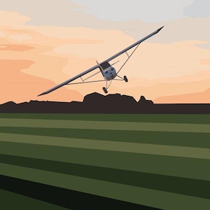 May include: A small, single-engine airplane flies low over a field of green grass at sunset. The plane is silhouetted against the orange and pink sky.