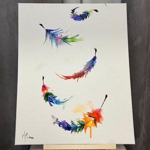 Pode incluir: Uma pintura em tela que apresenta cinco penas coloridas em vários tons de azul, verde, vermelho, laranja e roxo. As penas são pintadas em um estilo fluido e abstrato, criando uma sensação de movimento e leveza. O fundo é branco, proporcionando um pano de fundo limpo e simples para as penas vibrantes.