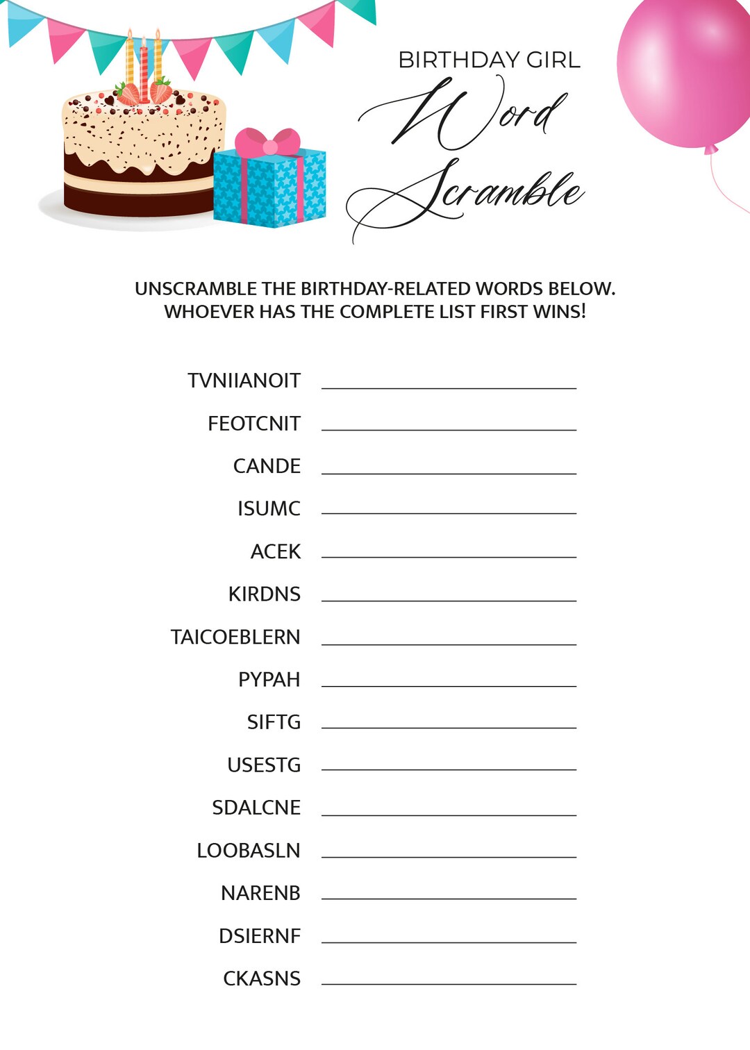 Birthday Party Word Scramble Game Adahdigitalprintable - Etsy