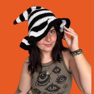 Crochet Witch Wizard Hat Striped Black White Floppy Halloween Cosplay Fantasy Handmade Slouchy