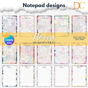 Puede incluir: Una colección de blocs de notas con temática floral. Cada bloc de notas presenta un interior rayado y un borde con diseño floral. Los blocs de notas son de tamaño A6, midiendo aproximadamente 10,16 cm x 14,73 cm. Incluye el texto "Notepad designs" y "Flowers".