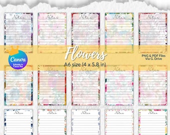 Sjablonen voor notitieblok met bloemen: afdrukbaar A6-briefpapier (canva bewerkbaar + pdf + png-bestand)