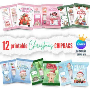 Puede incluir: Una colección de 12 bolsas de patatas fritas navideñas imprimibles con varios diseños festivos. Las bolsas presentan ilustraciones de Papá Noel, muñecos de nieve, hombres de jengibre y otros elementos navideños. El texto "Merry Christmas" y "Holly Jolly Holiday" es visible.