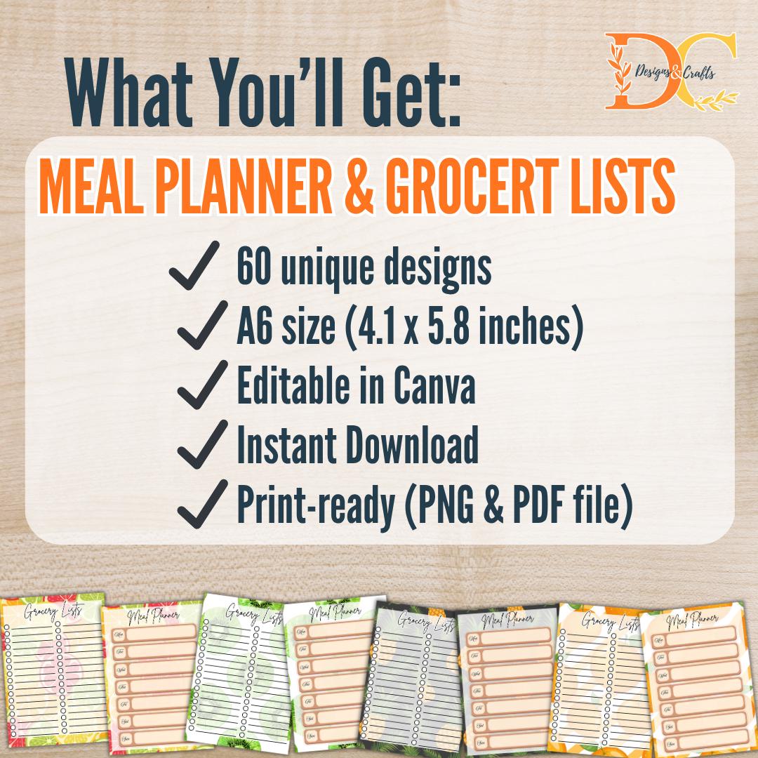 A6 Meal Planner & Grocery List Templates | Canva Editable Weekly Food ...