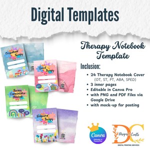 Könnte beinhalten: Digitale Vorlagen für Therapie-Notizbücher. Das Bild zeigt mehrere Notizbuchumschläge mit Titeln wie "Occupational Therapy" und "Speech Therapy". Das Design umfasst farbenfrohe Illustrationen und den Text "Therapy Notebook Template."