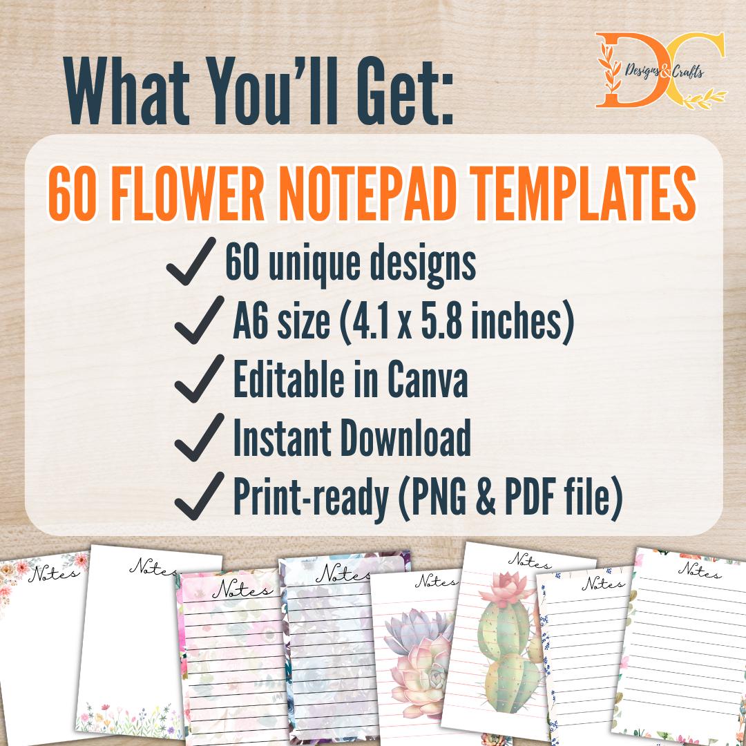 60 Printable Flower Notepad Templates A6 | Editable Canva Digital ...