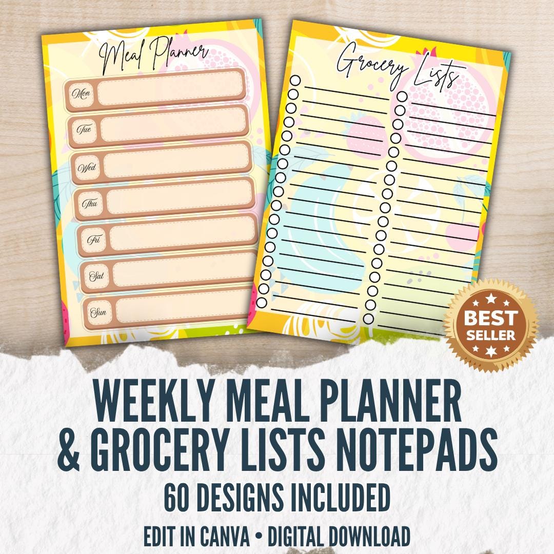 A6 Meal Planner & Grocery List Templates | Canva Editable Weekly Food ...