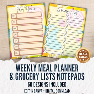 May include: Two colorful notepads with a meal planner and grocery list layout. The meal planner has days of the week, and the grocery list has blank lines. The text reads "Weekly Meal Planner & Grocery Lists Notepads" and "60 Designs Included".