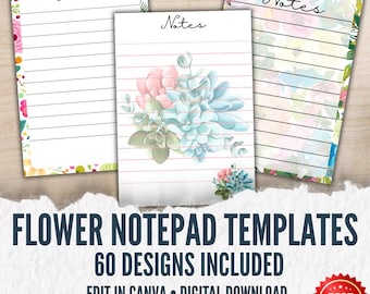 60 plantillas imprimibles de blocs de notas con flores tamaño A6 / Descarga digital editable en Canva