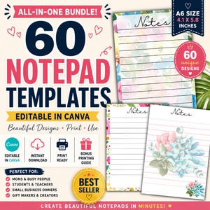 60 Printable Flower Notepad Templates A6 | Editable Canva Digital Download