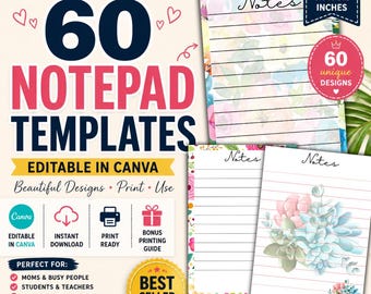 60 Printable Flower Notepad Templates A6 | Editable Canva Digital Download