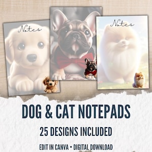 Könnte beinhalten: Drei Notizblöcke mit Hundeillustrationen, jeweils mit dem Wort „Notes“ in Schreibschrift. Die Notizblöcke zeigen einen Golden Retriever Welpen, eine französische Bulldogge mit roter Fliege und einen flauschigen Zwergspitz. Der Text „DOG & CAT NOTEPADS“ ist darunter abgebildet.