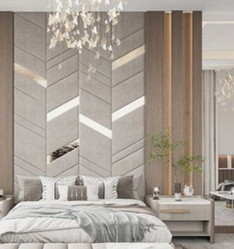 Unique Form Upholstered Wall Panels With Gold Lines Velvet Soft Fabric