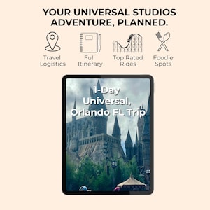 May include: A digital tablet displaying the text 1-Day Universal, Orlando FL Trip over an image of a castle. Above the tablet, the text reads YOUR UNIVERSAL STUDIOS ADVENTURE, PLANNED. with icons for travel logistics, itinerary, rides, and food.