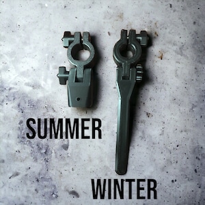 May include: Two gray metal battery terminal clamps, one short and one long, are displayed against a mottled gray background. The word "SUMMER" is printed below the shorter clamp, and "WINTER" is below the longer one.