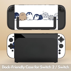 May include: Black and white Nintendo Switch case with a white panel featuring cartoon penguins and other creatures. The case is dock-friendly and designed for the Switch 2 and Switch.
