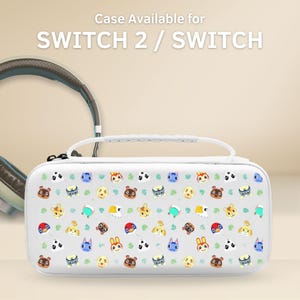 May include: White Switch 2 / Switch carrying case with a handle, featuring a pattern of colourful cartoon animal faces. The text "Case Available for SWITCH 2 / SWITCH" is at the top.