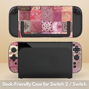 May include: A black Nintendo Switch console and dock with a decorative case featuring a patchwork design of pink, red, and peach-colored tiles. The text "Dock-Friendly Case for Switch 2 / Switch" is at the bottom.