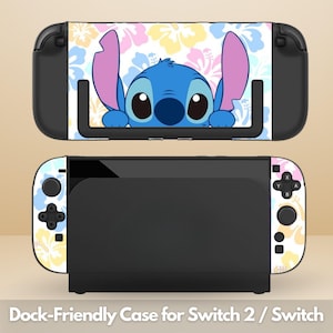 May include: A black Nintendo Switch case and dock featuring a blue cartoon character with large ears and a floral pattern in pink, yellow, and blue. The text "Dock-Friendly Case for Switch 2 / Switch" is at the bottom.