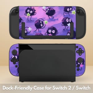 May include: A black Nintendo Switch dock and console case with a purple and pink design featuring cartoon soot sprites and stars. The text at the bottom reads "Dock-Friendly Case for Switch 2 / Switch".