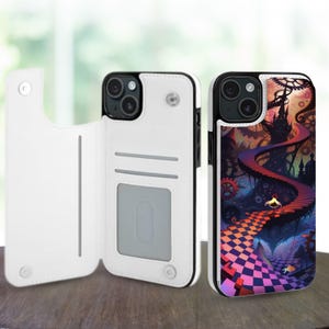 Custodia a portafoglio in pelle con supporto e slot per carte di credito Alice Wonderland per iPhone 16, 15, 14 Pro Max Plus, Galaxy S25, S24, S23 Ultra Plus
