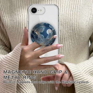 Könnte beinhalten: Eine transparente Handyhülle mit einem magnetischen Handgriff und einem Metallring. Der Griff hat ein kreisförmiges Design mit einer Nacht- und Mondillustration. Der Text "MAGNETIC HAND GRIP & METAL RING" ist sichtbar.