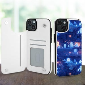 Custodia a portafoglio con estetica fantasma per iPhone 16, 15, 14 Pro Max Plus, Galaxy S25, S24, S23 Ultra Plus, custodia in pelle con supporto e slot per carte
