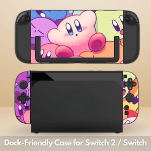 May include: A black dock-friendly case for Switch 2 / Switch with a vibrant design featuring a pink cartoon character and other colorful figures. The case is displayed in two parts, with the text "Dock-Friendly Case for Switch 2 / Switch" at the bottom.