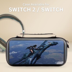 May include: Black case for Switch 2 / Switch with a screen displaying a person riding a blue dragon. The case has a zipper closure and a handle. The text "Case Available for SWITCH 2 / SWITCH" is at the top.