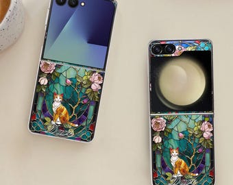 Cute Stained Glass Cat Galaxy Flip Phone Case for Samsung Galaxy Z Flip 7 7FE, Flip  6, Flip 5, Galaxy ZFlip 7 6 5, Shockproof Cover