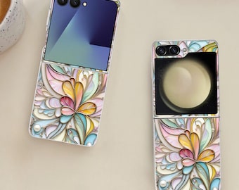 Cute Stained-glass Floral Galaxy Flip Phone Case for Samsung Galaxy Z Flip 7 7FE, Flip  6, Flip 5, Galaxy ZFlip 7 6 5, Shockproof Cover