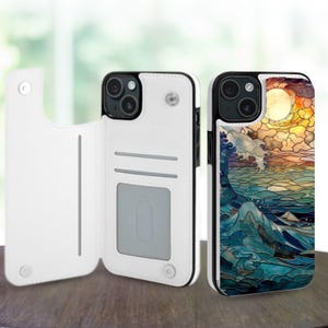 Custodia a portafoglio in vetro colorato con onde oceaniche per iPhone 16 15 14 Pro Max Plus, Galaxy S25 S24 S23 Ultra Plus, custodia in pelle con supporto e slot per carte