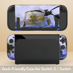 May include: Black dock-friendly case for Switch 2 / Switch. The case features a fantasy landscape design with a dragon and rider. The Switch's sides have a blue and purple camouflage pattern. The text "Dock-Friendly Case for Switch 2 / Switch" is at the bottom.