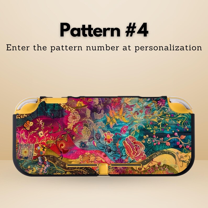 May include: A colorful patterned Nintendo Switch Lite console skin. The skin features a floral design with shades of pink, blue, yellow, and green. The text "Pattern #4" and "Enter the pattern number at personalization" are visible.