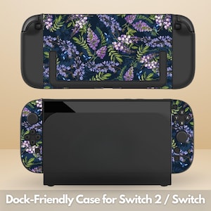 May include: A black Nintendo Switch dock and console with a floral design. The design features purple wisteria flowers and green leaves on a dark blue background. The text at the bottom reads "Dock-Friendly Case for Switch 2 / Switch."