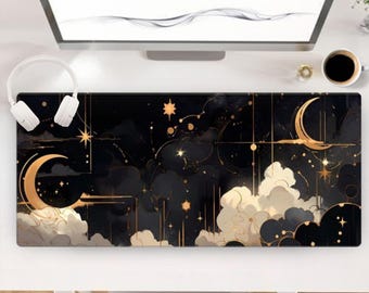 Alfombrilla de ratón grande con diseño de luna y sol, para juegos, de tamaño completo, para teclado, ordenador y portátil.