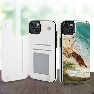 Dinosaur Art Aesthetic Wallet Phone Case for iPhone 16 15 14 Pro Max Plus, Galaxy S25 S24 S23 Ultra Plus, Leather Stand Card Slots Case