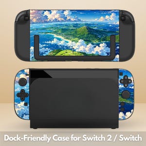 Puede incluir: Funda negra compatible con la base para Switch 2 / Switch con un diseño de paisaje con montaña, océano y nubes. La funda tiene una base negra y un diseño colorido en la parte delantera. El texto "Dock-Friendly Case for Switch 2 / Switch" está en la parte inferior.
