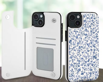 Étui de téléphone portefeuille bleu Calico Floral pour iPhone 17 16 15 14 Pro Max Plus, Galaxy S25 S24 S23 Ultra Plus, étui en cuir avec fentes pour cartes