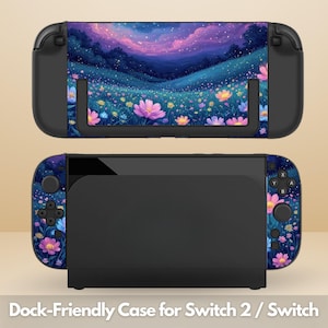 May include: A black dock-friendly case for a Switch 2 / Switch with a floral design. The case features a vibrant landscape with pink, yellow, and blue flowers, a purple sky, and green hills. The text "Dock-Friendly Case for Switch 2 / Switch" is at the bottom.